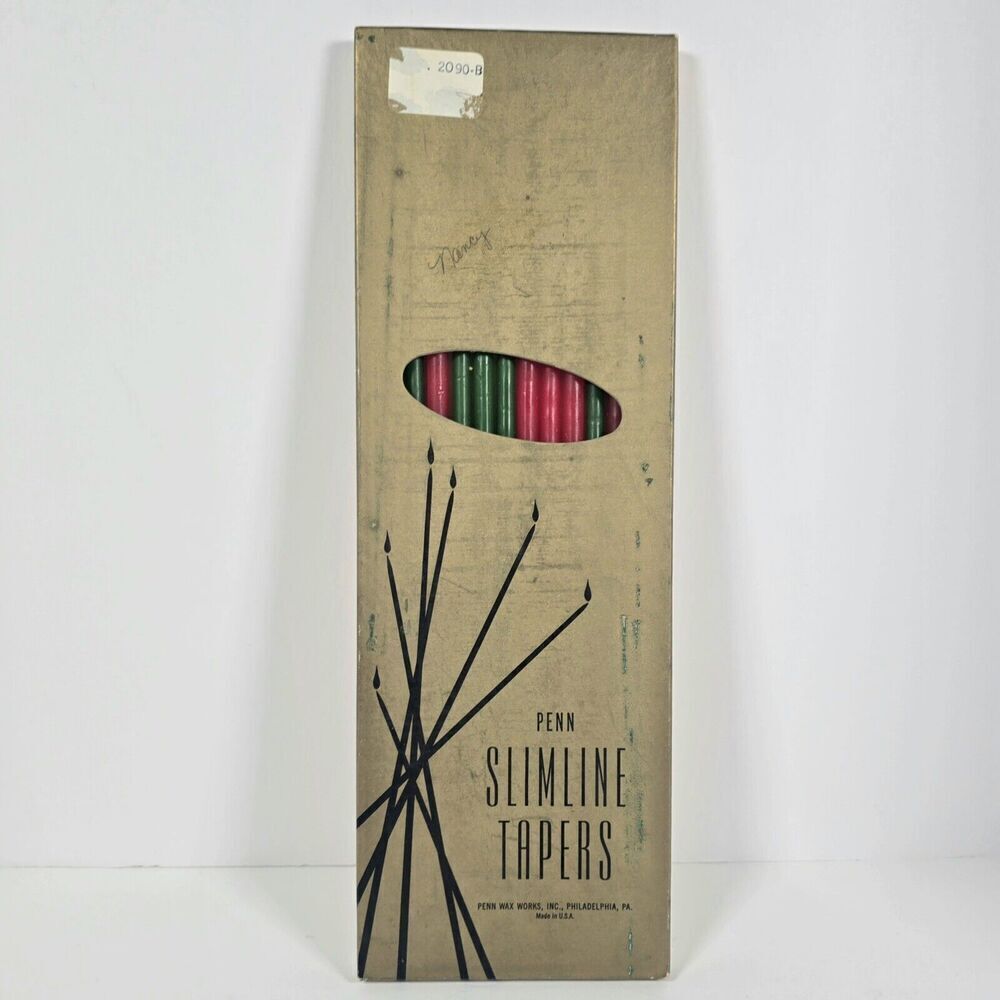 Vintage Penn Slimline Tapers Candles Red Green Set Of 12 MCM 15" Christmas Decor